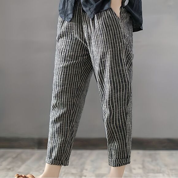 Zara Linen and Cotton Blend Striped Tapered Drawstring Pants in Grey 31 NWOT - Picture 1 of 11